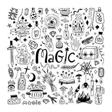 Big set doodle vector elements about esotericist. Vector witch magic design elements set. Hand drawn, doodle, sketch magician collection. Witchcraft mystery.Perfect for tattoo, textile, cards, mystery