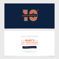10 years anniversary party invitation vector template. Illustration with graphic number