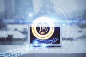 Obraz premium Double exposure of blockchain and crypto economy theme hologram and table with computer background. Concept of bitcoin cryptocurrency.