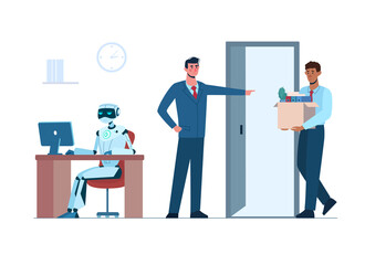 The robot is in the workplace, and person is fired. Man lost her job due to robotics. Business people, africans, unemployment. Artificial intelligence has replaced humans. Flat vector, isolated