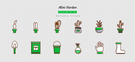 filled color line icon symbol set, mini home gardening, greenhouse, little cactus, succulent, tool, equipment, Isolated flat vector design, editable stroke