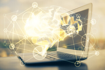 Double exposure of desktop computer and human brain drawing hologram. Ai concept.