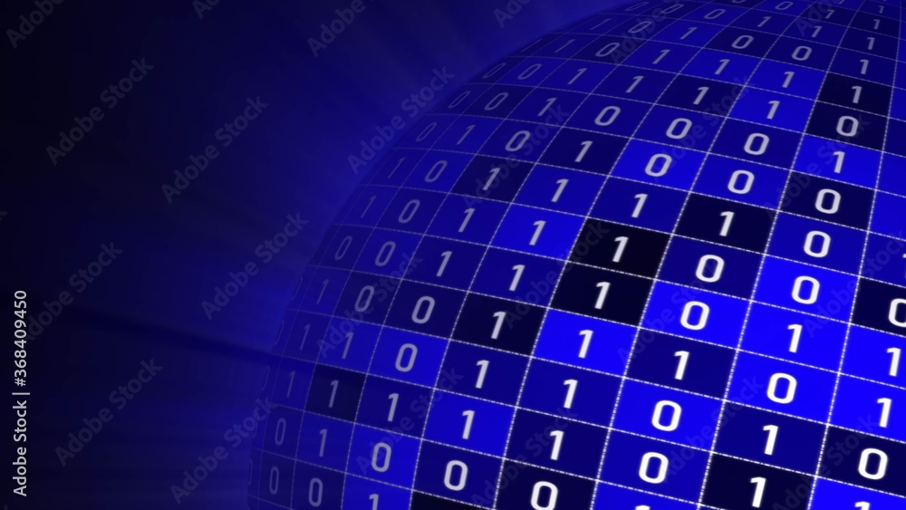 Poster binary numbers on a part of ball or sphere in front of black background - digital data code inside s