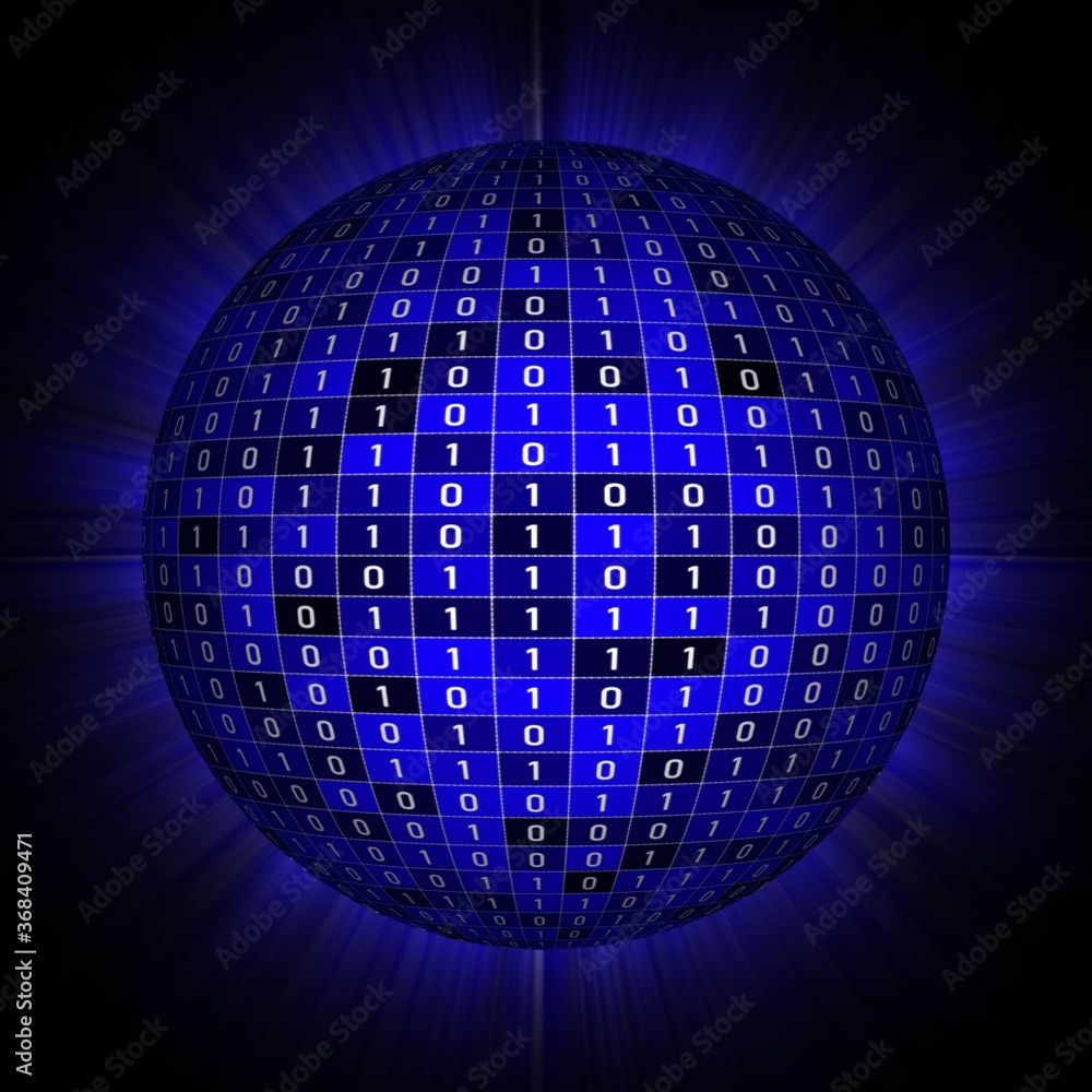 Poster glowing ball or sphere with random binary numbers - composed of different blue elements against a bl