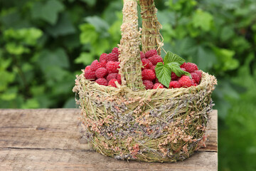 Berries. Fresh raspberries in a basket on an old wooden table with leaves. Rustic. Summer, garden, outdoor. Harvest. Background image, copy space