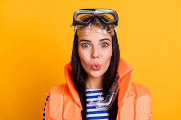 Close up photo of surprised girl tourist impressed life guard work rescue tourism people wear goggles mask tube vest striped shirt blue white isolated over bright shine color background