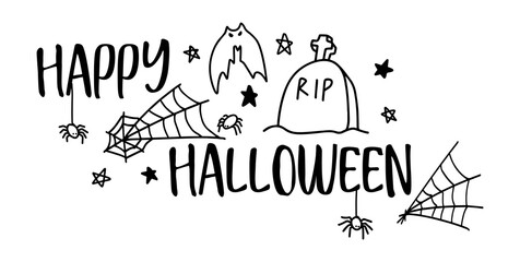 HAPPY HALLOWEEN. Vector text Happy Halloween with spider, bat and web, headstone, grave, RIP. Banner, poster, greeting card. Happy Halloween party invitation background. Black and white illustration.
