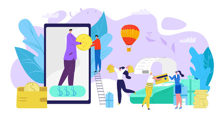 Business cash back at smartphone, pay by cash money vector illustration. Financial customer use mobile payment transaction. Coin transfer to people character by commerce app, electronic concept.