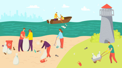 Beach with garbage, people clean environment vector illustration. Volunteer character pick up trash from nature ecology. Cartoon man woman cleaning ocean, plastic waste and pollution.