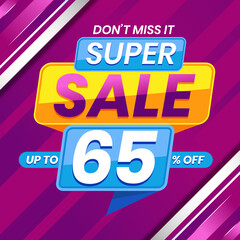 Vector graphic of Modern Colorful Super Sale 65 Percent Advertising Banner Background. Perfect for Retail, Brochure, Banner, Business, Selling, etc