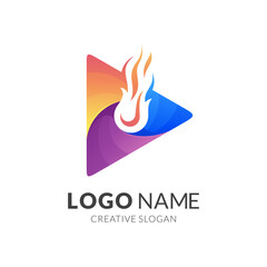 play button and fire logo template, modern 3d logo style in gradient vibrant colors