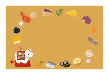 Fototapeta premium 2021年 年賀状 丑年 土鈴 牛の置物とおせち イラスト 