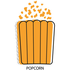 Icon of popcorn in a cardboard box in the Memphis style with a pattern of curved arcs for cinemas, fast food restaurants, cafes. Modern trendy stylized vintage editable vector illustration. Isolated.