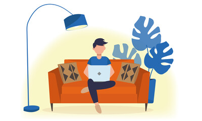 Man working at home with computer. Freelancers working on laptop. Vector flat style illustration. Home office workplace.