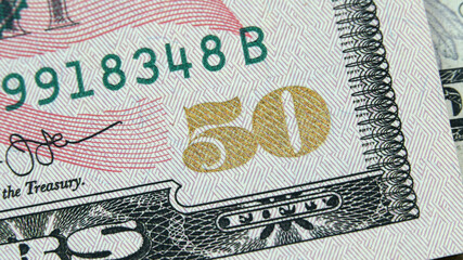Element of American cash banknote 50 dollars. Macro photography