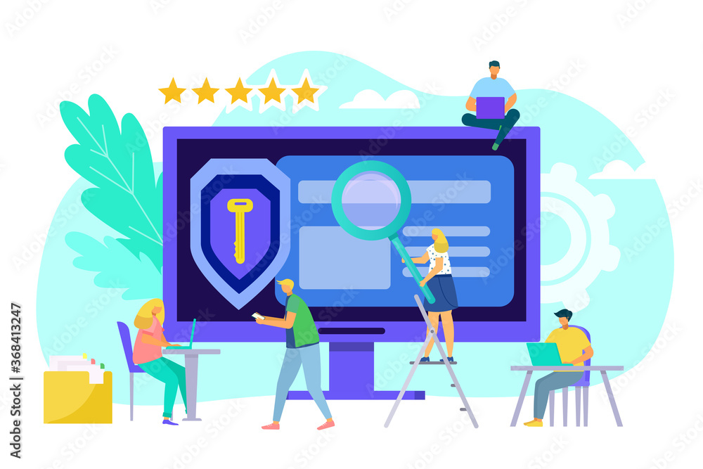 Poster computer web data protection concept, vector illustration. information secure on screen technology, 