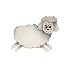 Watercolor cute animals isolated on white background. Cute cartoon sheep illustration.