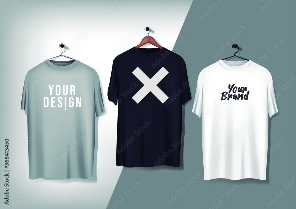 Sticker men's gray basic t-shirts mockup with wood and metal hanger. mockup clothes for ads, advertisement,  - Stickers