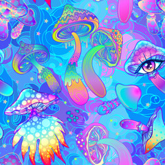 Fototapeta na wymiar Magic mushrooms. Psychedelic hallucination. Vibrant vector illustration. 60s hippie colorful background, hippie and boho texture. Ttrippy wallpaper.