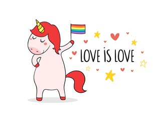 Funny little cartoon unicorn with text love is love and rainbow lgbtq+ flag. Gay pride. Pride month, love, freedom, support. 