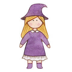 Original watercolor doll. Picture with cartoon girls. Nice illustration for for book, stickers,logo, business card or postcard.
