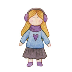 Original watercolor doll. Picture with cartoon girls. Nice illustration for for book, stickers,logo, business card or postcard.
