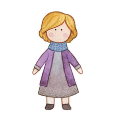 Original watercolor doll. Picture with cartoon girls. Nice illustration for for book, stickers,logo, business card or postcard.
