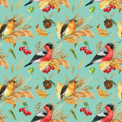 Seamless pattern with birds bullfinches, robin. Autumn leaves watercolor, isolated background, hand drawing