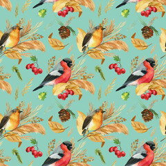 Obraz premium Seamless pattern with birds bullfinches, robin. Autumn leaves watercolor, isolated background, hand drawing