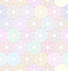 Geometric repeating vector ornament with hexagonal dotted colored elements. Geometric modern ornament. Seamless abstract modern pattern