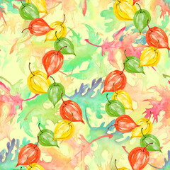 Vintage seamless watercolor pattern of  autumn leaves, physalis plant. Green, yellow, red, orange maple and oak leaf. stylish pattern. Abstract paint splash. Vintage Paper Background. autumn leaf