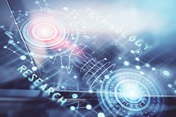 Multi exposure of computer on background and technology theme drawing. Concept of innovation.