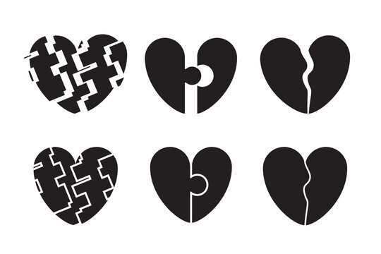 Set of Broken heart icon. Dislike, sadness, shattered hearts, rupture, divorce. Flat vector illustration