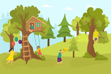 Fototapeta na wymiar House tree in forest, cartoon childhood vector illustration. Home at green nature, happy girl boy near outdoors ladder to hut. Summer recreation and children play at swing in park.