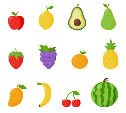 Collection of cartoon vector summer fruits isolated on white background.