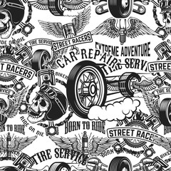 Seamless pattern with auto repair design elements in monochrome style. Design element for poster, card, banner. Vector illustration