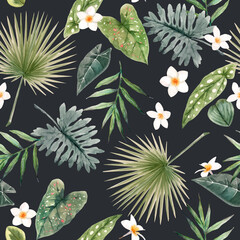 Naklejka premium Beautiful vector seamless pattern with watercolor tropical leaves and flowers. Stock illustration