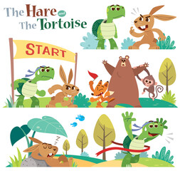 Vector Illustration of Cartoon the hare and the tortoise character set.  Turtle and rabbit racing. Fairy fable tale characters. © sararoom