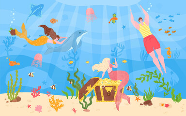 Fototapeta na wymiar Man with woman mermaid in sea, vector illustration. Underwater character with tail swimming, fantasy cute cartoon girl in ocean. Beautiful mythical scene at summer nature art design.
