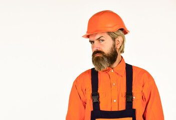 Bearded mature man in uniform. Reputation of excellent worker. Skillful worker. Electrician plumber handyman. Repairman. Construction worker. Renovation concept. Mechanic perform technical work