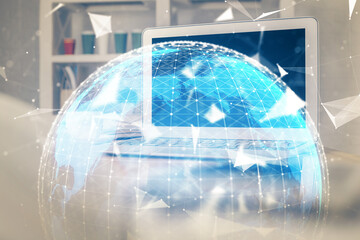 Multi exposure of business theme icons and table with computer background. Concept of success.