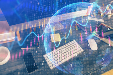 Double exposure of forex graph and work space with computer. Concept of international online trading.