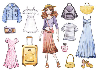 Woman and girl traveling illustration. Urban travel set. Watercolor travel. Sketch of hipster travel set. Summer vacation drawn on paper.