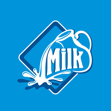 Milk logo template - jug with flowing milk splash - creative branding emblem on blue background