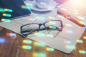 Data tech hologram with glasses on the table background. Concept of technology. Double exposure.