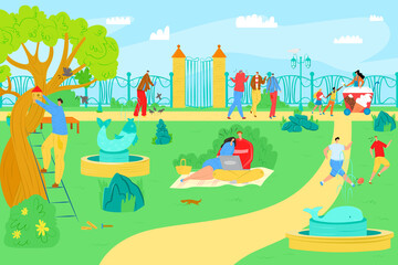 Park leisure at cartoon outdoor summer, vector illustration. Man woman people character at city nature, lifestyle activity. Sport at grass landscape, flat happy walk and recreation.