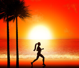 The silhouette of the running woman in the beach in front of the sunset, with palm trees.