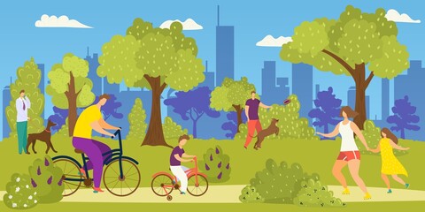 People in park, lifestyle leisure vector illustration. Woman man at cartoon outdoor path, young urban sport activity. Active summer jogging, walking, ride bicycle and recreation with dog animal.