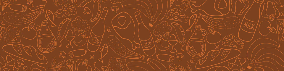 Food hand drawn seamless horizontal border. Cooking ingredients on brown background. Vector illustration.