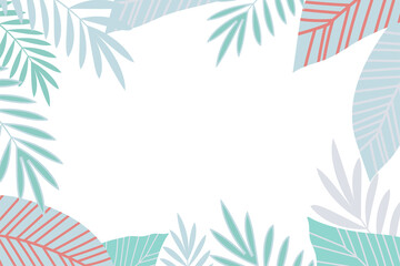 Fototapeta na wymiar Rectangular frame with palm leaves. Blue, pink, leaves on white background.